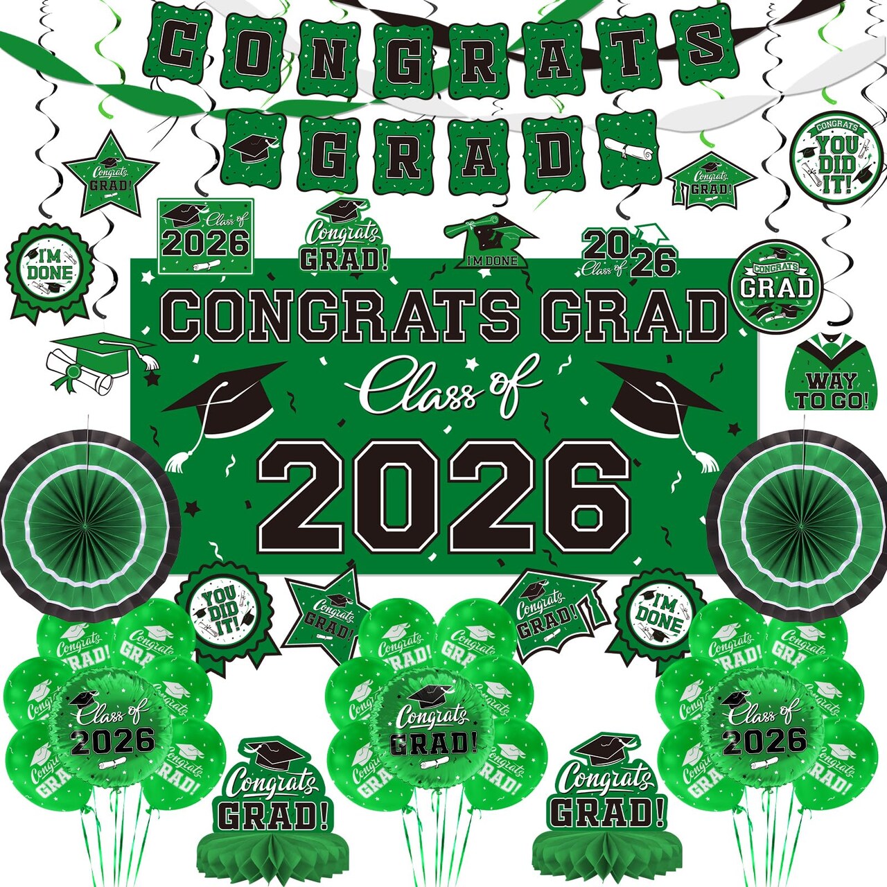 Green Themed 2026 Graduation Decorations Set - Congrats Grad Banner, Class of 2026 Backdrop, Balloons & Streamers Kit - Complete Party Supplies for High School & College Celebrations